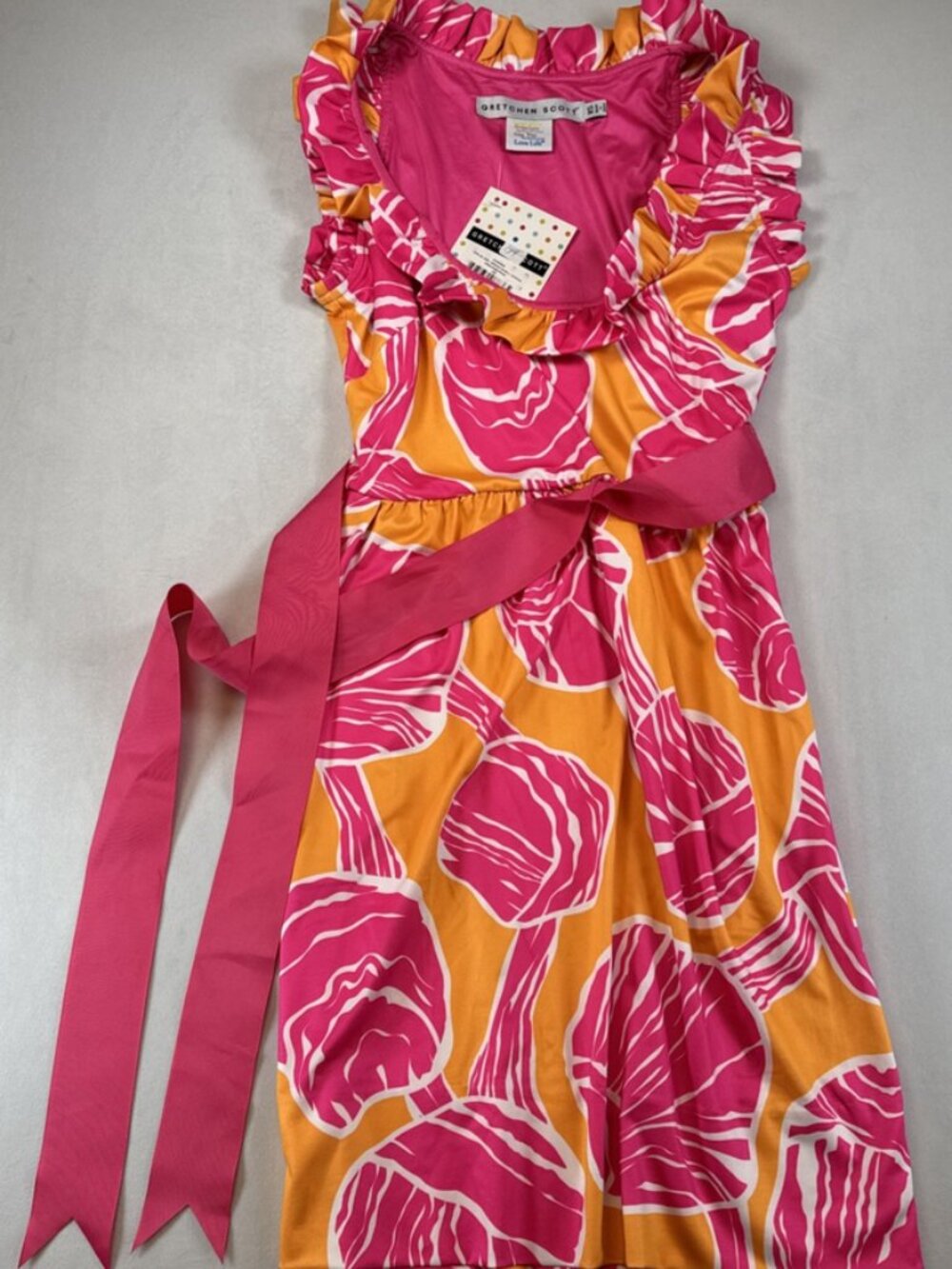 NWT Gretchen Scott Ruffle Neck Belted Midi Dress Pink Orange XS
